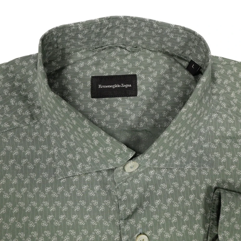 ERMENEGILDO ZEGNA Men's L Sage Green Geometric Print Button Down Dress Shirt‎